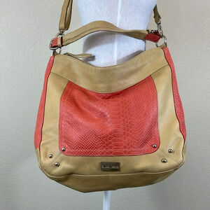 Albanese brown and crocodile embossed leather shoulder bag with crossbody strap